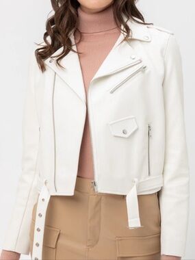 Love Tree White Faux Leather Cropped Biker Jacket